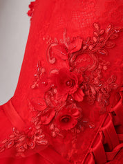 Off-the-Shoulder A-line High-Low Red Homecoming Dress with Floral Appliqué