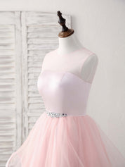 A-line Illusion Neck Short/Mini Tulle Homecoming Dress with Beaded Waistband