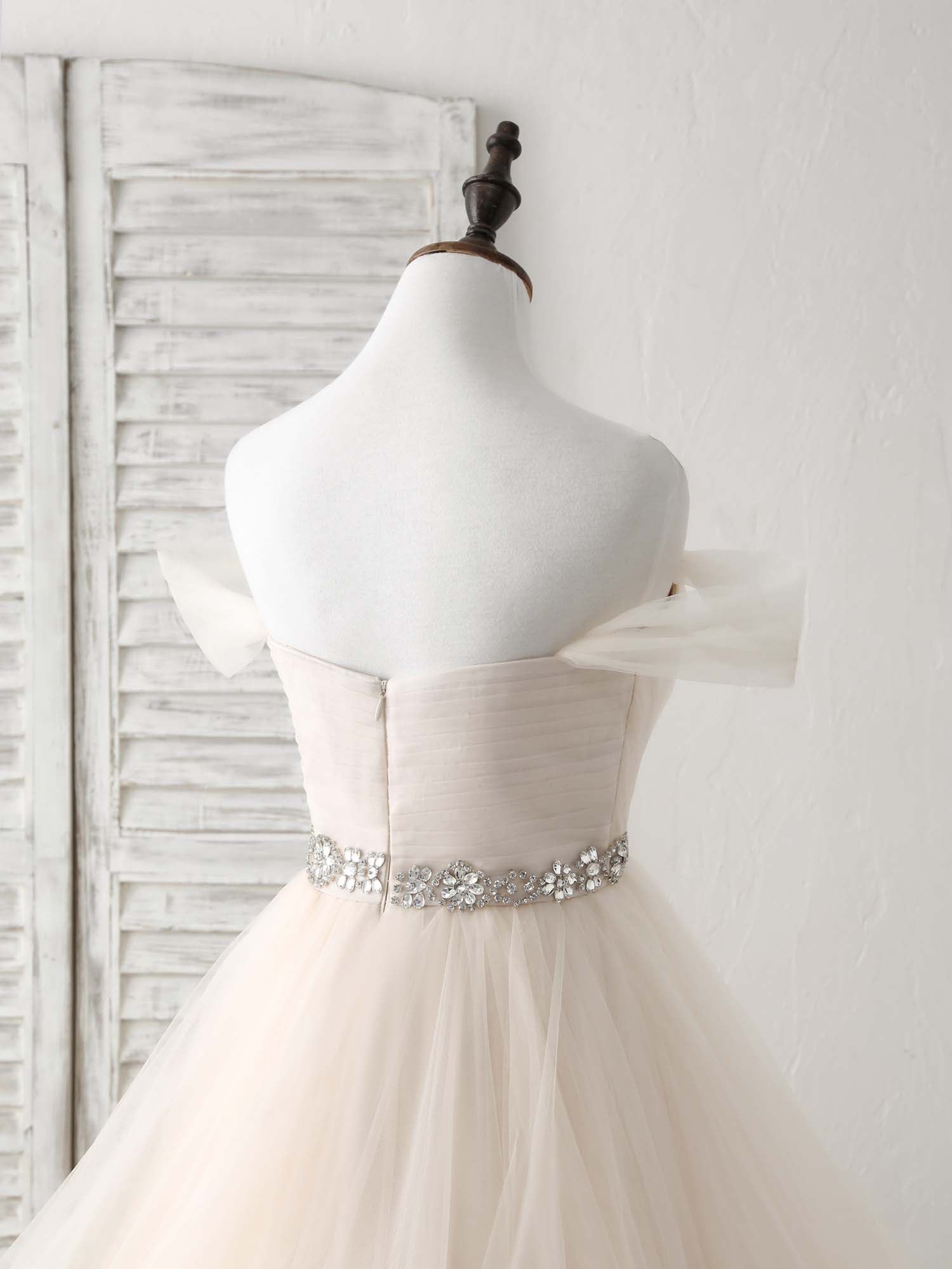 A-Line Off-the-Shoulder Floor-Length Tulle Prom Dress with Beaded Waist