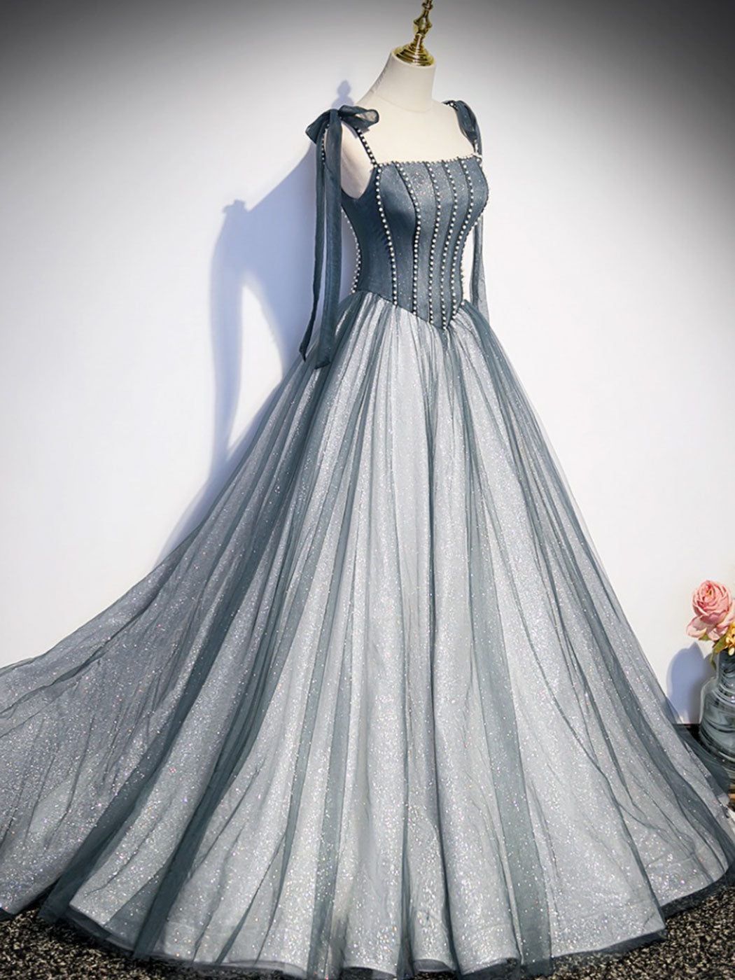A-Line Dusty Blue Square Neck Floor-Length Tulle Prom Dress with Beaded Corset Bodice