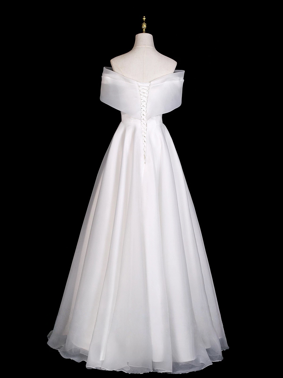 A-Line Off Shoulder Organza White Long Prom Dress with Lace-Up Back