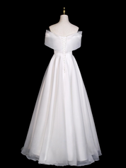 A-Line Off Shoulder Organza White Long Prom Dress with Lace-Up Back