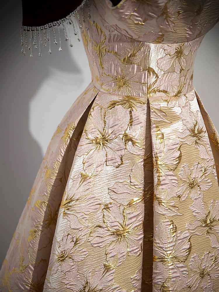 A-Line Off-Shoulder Champagne Satin Long Prom Dress