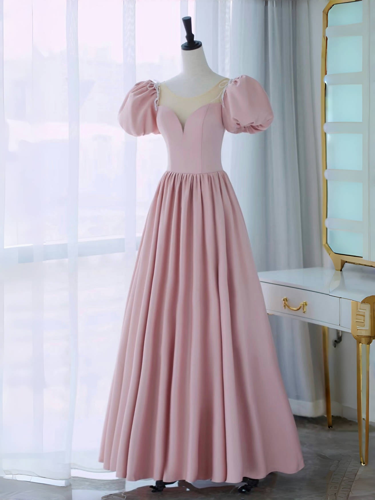 Blush A-Line Sweetheart Illusion Neck Floor-Length Satin Prom Dress with Puff Sleeves