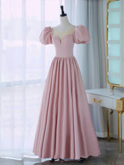 Blush A-Line Sweetheart Illusion Neck Floor-Length Satin Prom Dress with Puff Sleeves