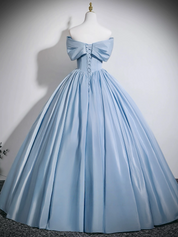 Ball Gown Off-the-Shoulder Floor-Length Water Satin Bow Prom Dress in Light Blue