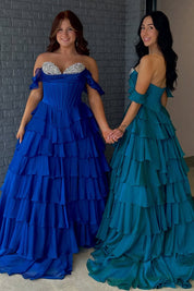 Ball Gown Sweetheart Neck Floor-Length Royal Blue Chiffon Tiered Prom Dress