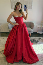 Ball Gown Sweetheart Floor-Length Red Satin Prom Dress with Crystal Bodice