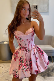 A-Line Sweetheart Neck Short/Mini Pink Floral Satin Homecoming Dress with Corset Bodice
