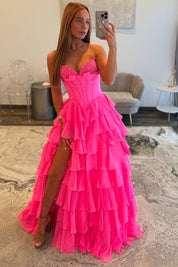 A-Line Sweetheart High-Low Tulle Prom Dress in Hot Pink with Tiered Ruffle Skirt