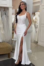 Sheath Sweetheart Neck Floor-Length Satin Prom Dress with Lace Corset Bodice and High Slit