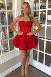 A-Line Strapless Short/Mini Satin Red Homecoming Dress with Beaded Corset Bodice