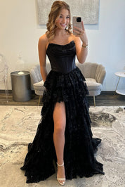 A-Line Sweetheart High-Low Lace Prom Dress in Black with Tiered Skirt and Corset Bodice