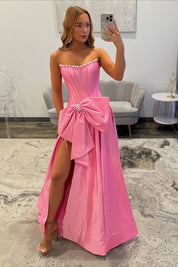 Sheath Strapless Floor-Length Pink Satin Prom Dress with Oversized Bow Slit