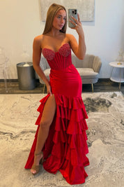 Mermaid Sweetheart Neck Floor-Length Red Satin Prom Dress with Beaded Bodice and Ruffled Slit