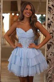 A-Line Sweetheart Neck Short/Mini Light Blue Tulle Homecoming Dress with Lace Corset Bodice