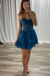 A-Line Sweetheart Neck Short/Mini Chiffon Blue Tiered Ruffle Homecoming Dress