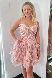 A-Line Sweetheart Spaghetti Straps Short Tulle Pink Floral Homecoming Dress with Tiered Ruffles