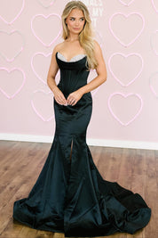 Mermaid Sweetheart Floor-Length Black Satin Prom Dress with Beaded Bodice