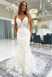 Mermaid V-Neck Floor-Length Lace Wedding Dress with Illusion Bodice and Floral Appliqué