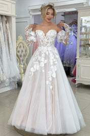 A-Line Sweetheart Neck Floor-Length Tulle Prom Dress with Floral Lace Appliqué and Sheer Long Sleeves