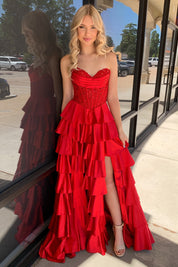 A-Line Sweetheart Neck Floor-Length Satin Prom Dress with Tiered Ruffle Skirt and High Slit