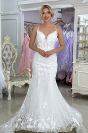 Mermaid V-Neck Floor-Length Tulle Lace Appliqué Prom Dress