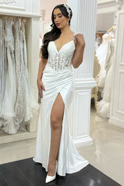 Sheath V-Neck Floor-Length Satin Prom Dress with Lace Corset Bodice and Slit