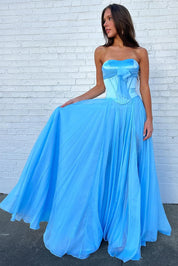 A-Line Strapless Sweetheart Floor-Length Chiffon Prom Dress with Bow Corset Bodice