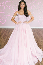 Ball Gown Square Neck Floor-Length Blush Pink Tulle Prom Dress with Beaded Bodice