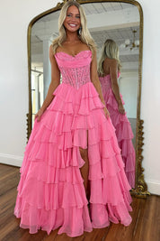 A-Line Sweetheart Floor-Length Hot Pink Chiffon Tiered Ruffle Prom Dress