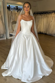 Ball Gown Scoop Neck Floor-Length Satin Prom Dress with Clean Pleated Skirt