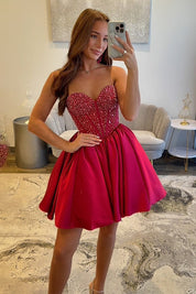 A-Line Sweetheart Short/Mini Satin Burgundy Homecoming Dress with Beaded Bodice