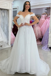 A-Line Off-the-Shoulder Floor-Length Tulle Lace Appliqué Prom Dress