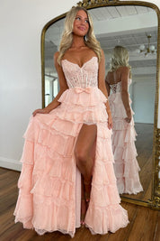A-Line Sweetheart Floor-Length Blush Pink Lace High-Low Prom Dress with Tiered Ruffle Skirt