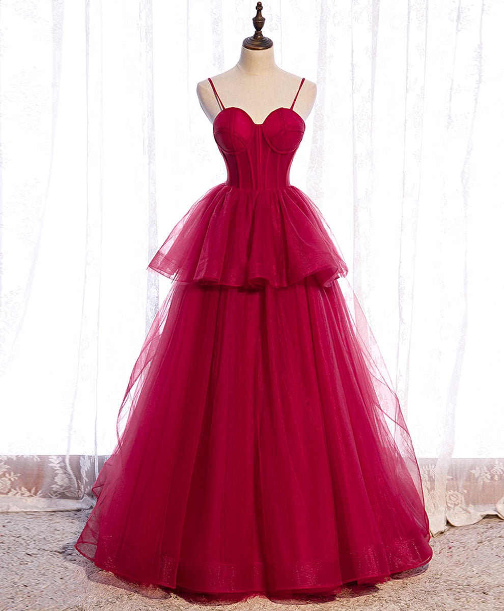 A-Line Sweetheart Floor-Length Red Tulle Prom Dress with Spaghetti Straps and Layered Skirt