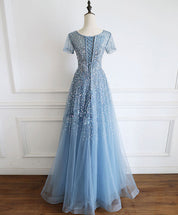Short Sleeve A-Line Floor-Length Tulle Prom Dress with Sequin and Beads
