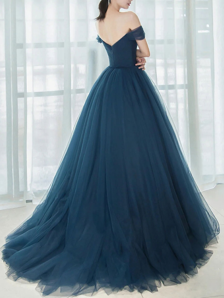 Dark Teal Ball Gown Sweetheart Floor-Length Tulle Prom Dress with Off-the-Shoulder Straps
