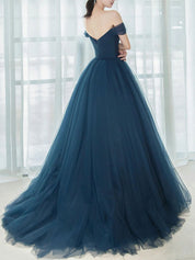 Dark Teal Ball Gown Sweetheart Floor-Length Tulle Prom Dress with Off-the-Shoulder Straps