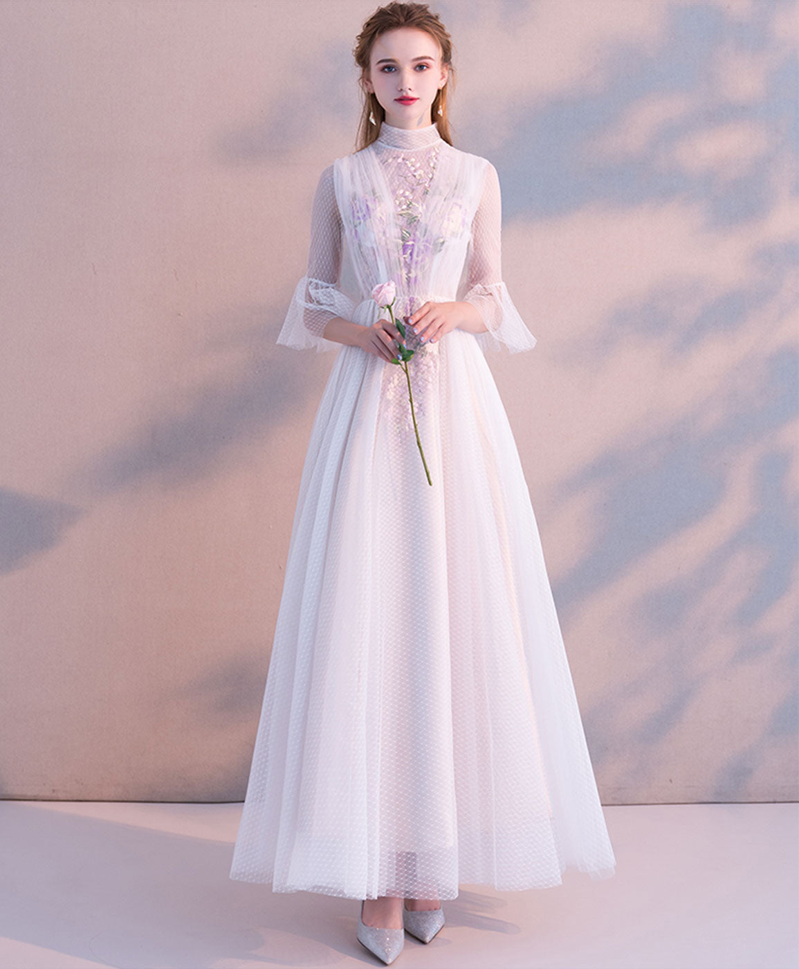 A-line Illusion High Neck Tea-Length Tulle & Lace Embroidered Prom Dress