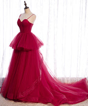 A-Line Sweetheart Floor-Length Red Tulle Prom Dress with Spaghetti Straps and Layered Skirt
