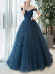 Dark Teal Ball Gown Sweetheart Floor-Length Tulle Prom Dress with Off-the-Shoulder Straps