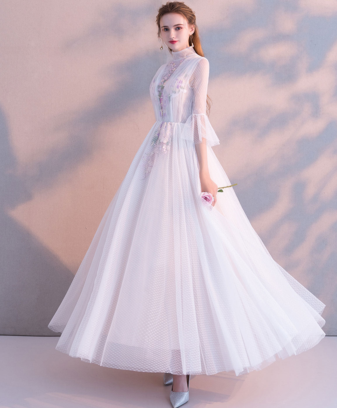 A-line Illusion High Neck Tea-Length Tulle & Lace Embroidered Prom Dress