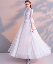 A-line Illusion High Neck Tea-Length Tulle & Lace Embroidered Prom Dress