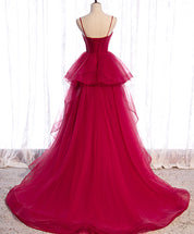 A-Line Sweetheart Floor-Length Red Tulle Prom Dress with Spaghetti Straps and Layered Skirt