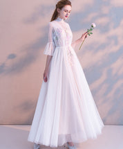 A-line Illusion High Neck Tea-Length Tulle & Lace Embroidered Prom Dress