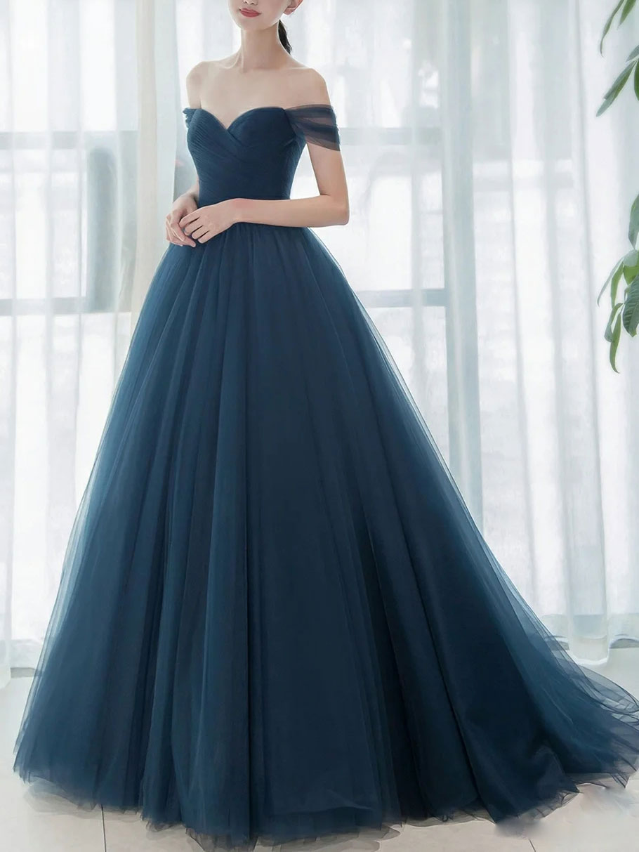 Dark Teal Ball Gown Sweetheart Floor-Length Tulle Prom Dress with Off-the-Shoulder Straps