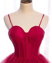 A-Line Sweetheart Floor-Length Red Tulle Prom Dress with Spaghetti Straps and Layered Skirt
