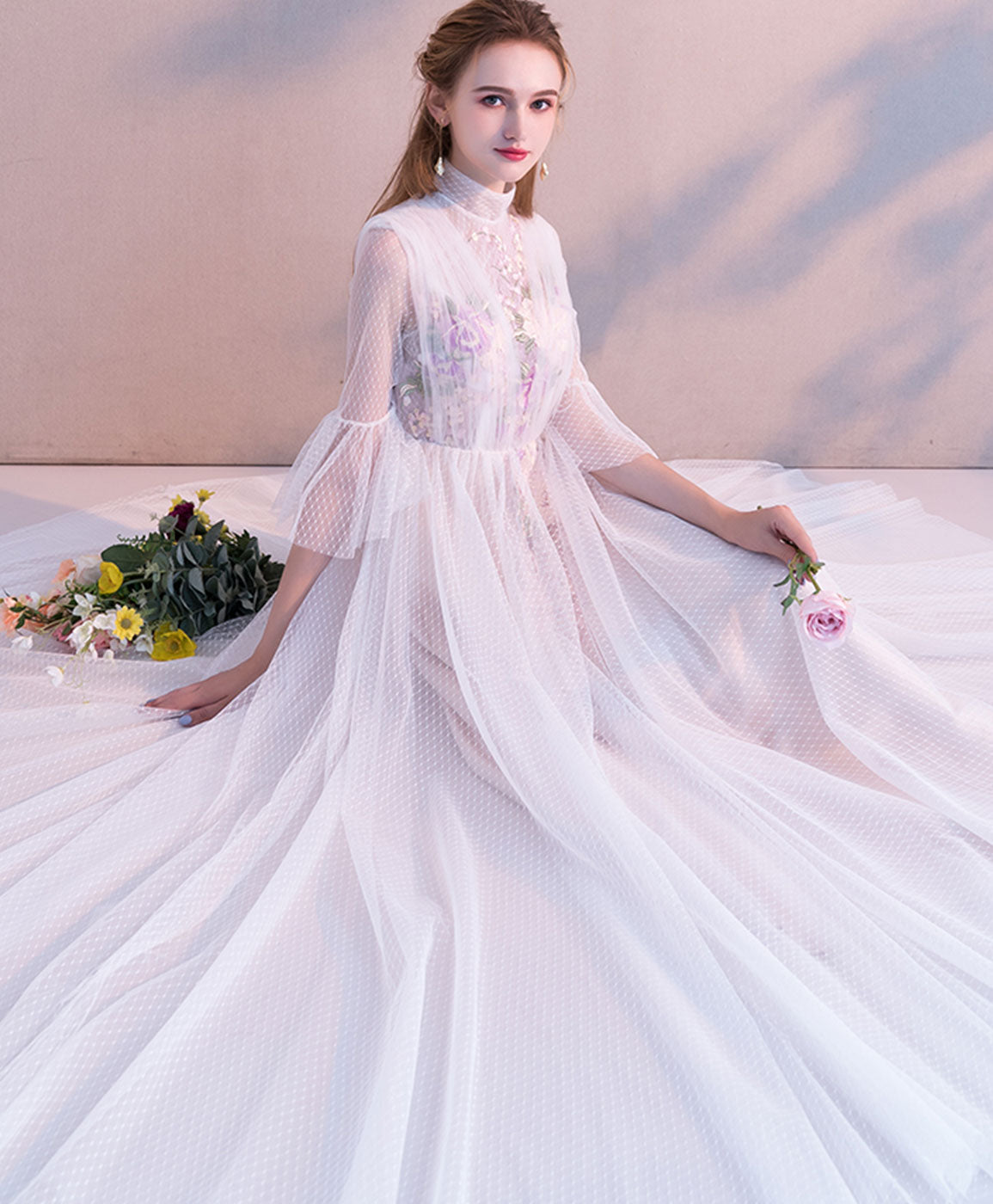 A-line Illusion High Neck Tea-Length Tulle & Lace Embroidered Prom Dress