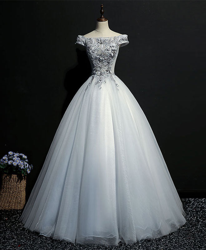 Off-Shoulder A-Line Floor-Length Tulle Prom Dress with Lace Appliqué